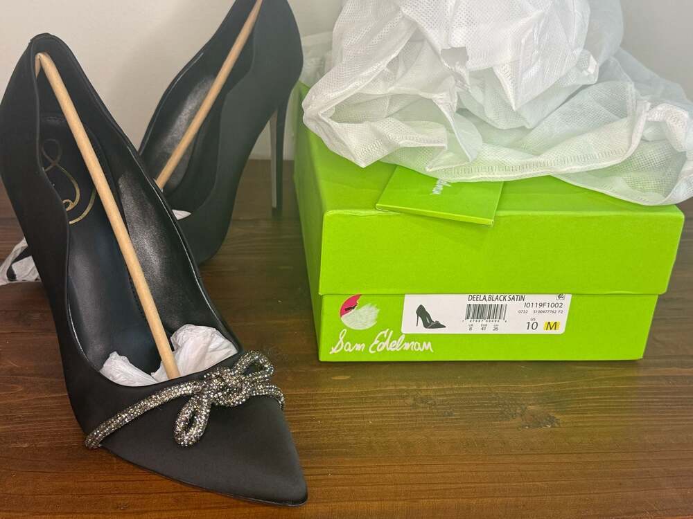 Sam Edelman Deela Black Satin Rhinestone Bow Stiletto Heels Size 10M - Picture 6 of 8